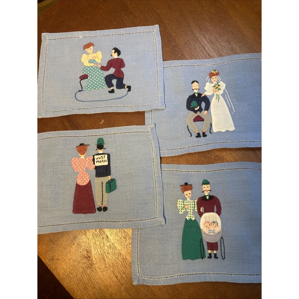 Vintage Cocktail Napkins Married  Couple Wedding Gift Madeira Embroidered Linen